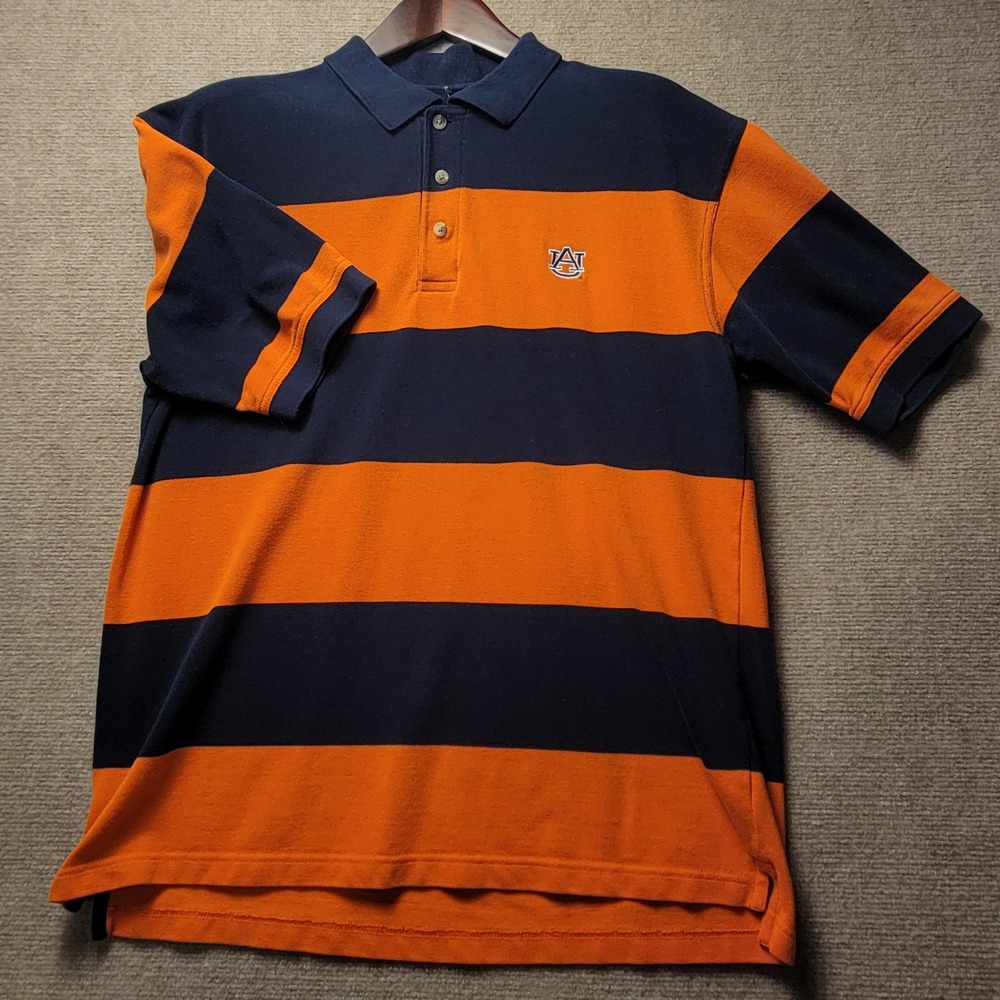 Polo Shirt Mens XL Navy Orange Auburn Tigers Striped Short Sleeve